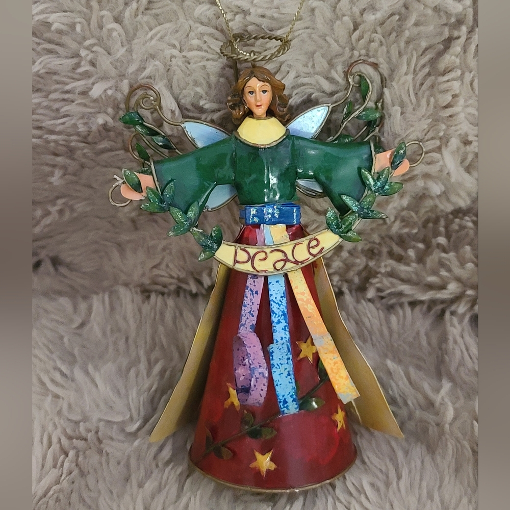 Holiday Christmas Metal Ornament Angel Figurine with Green and Red Accents, Larg